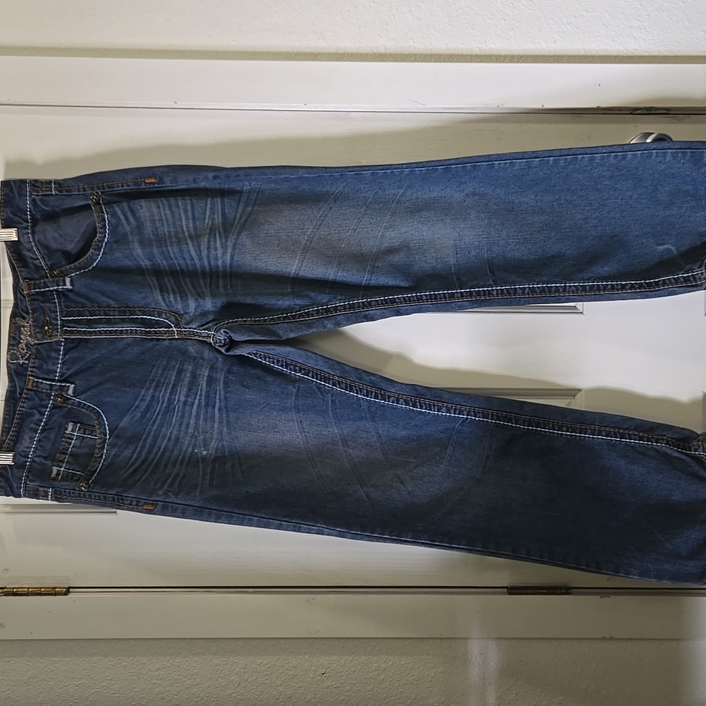 Mens Royal Premium Distressed Western,whiskered, Contrast Stitching Jeans 36x30